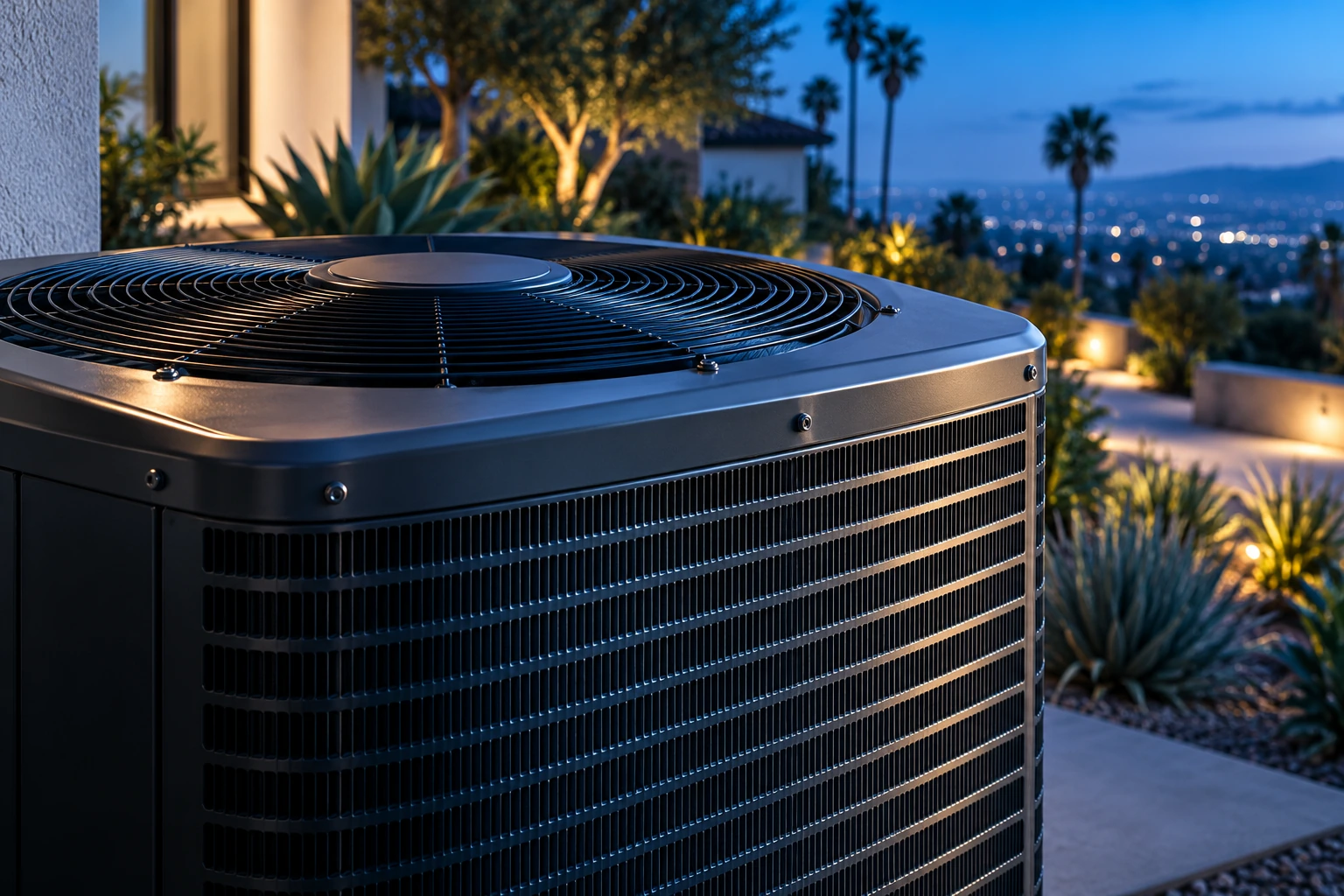 Close-up of an outdoor AC condenser and fan in cool blue light