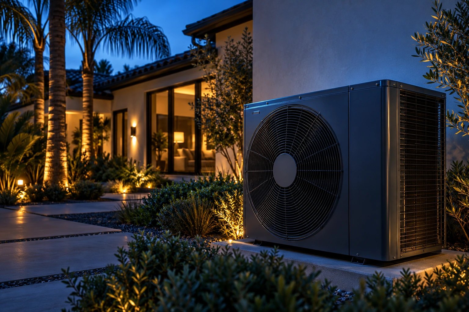 Modern outdoor heat pump beside a Southern California home at dusk