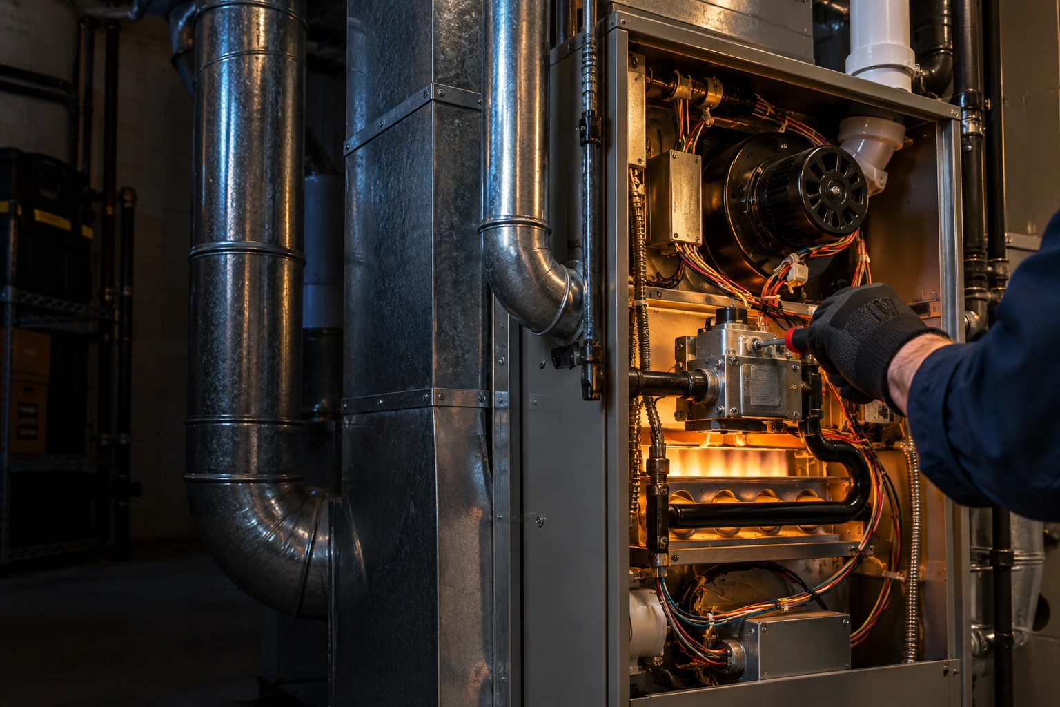 Gloved technician maintaining a residential furnace and ductwork