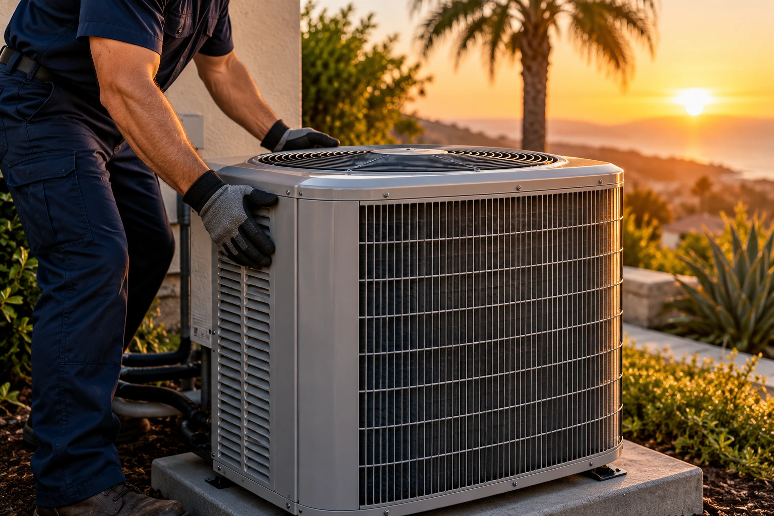 Technician installing a new outdoor air conditioning system